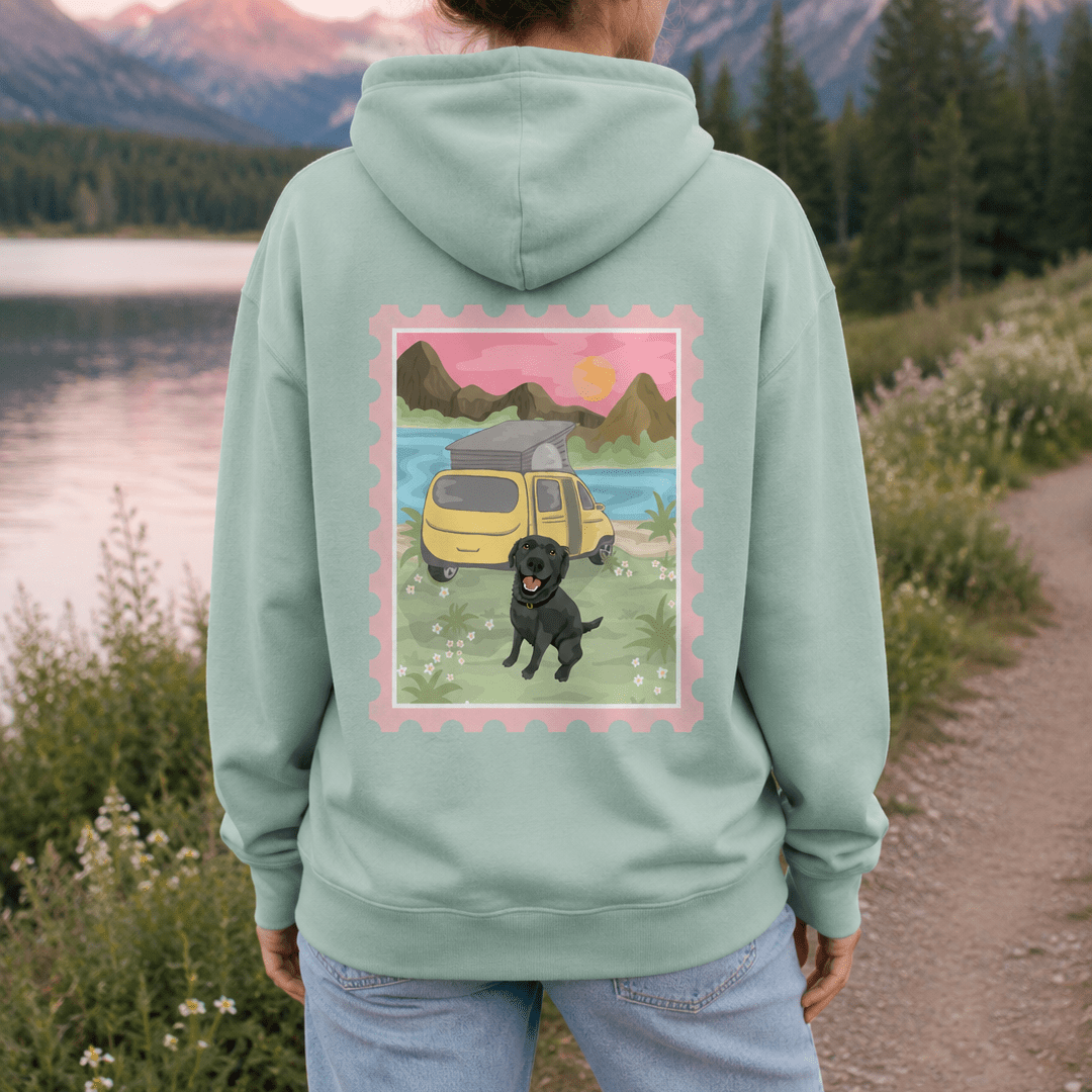 Printed Pet Portrait Van Life Camping Stamp Hoodie - Lucy and Lola Shop