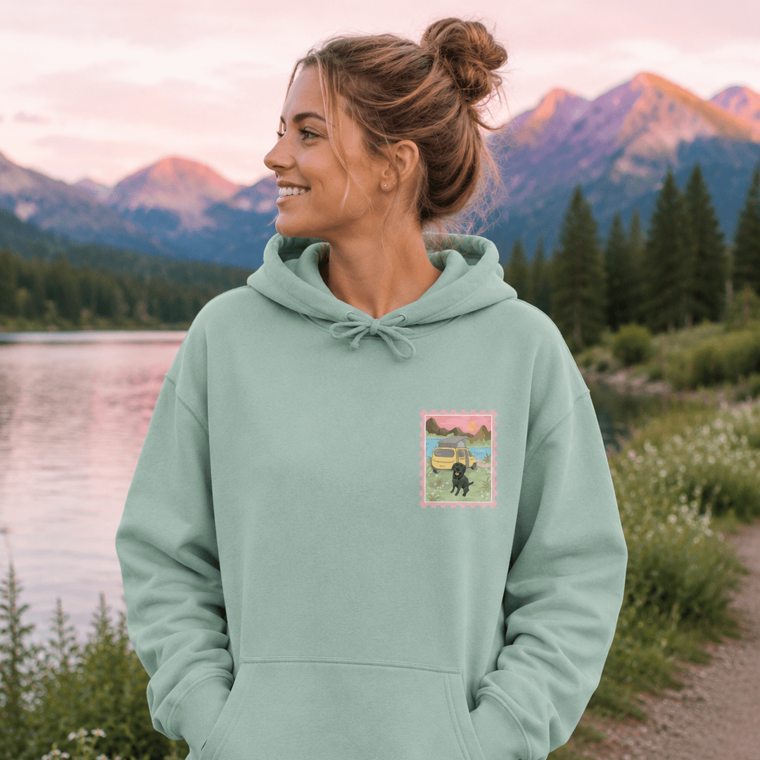 Printed Pet Portrait Van Life Camping Stamp Hoodie - Lucy and Lola Shop