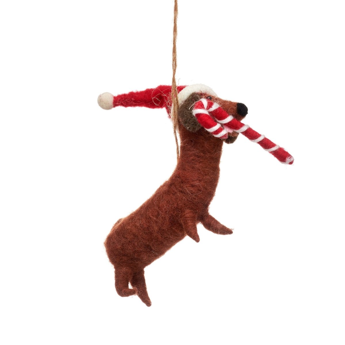 Sausage Dog with Candy Cane Felt Hanging Decoration - Lucy and Lola Shop