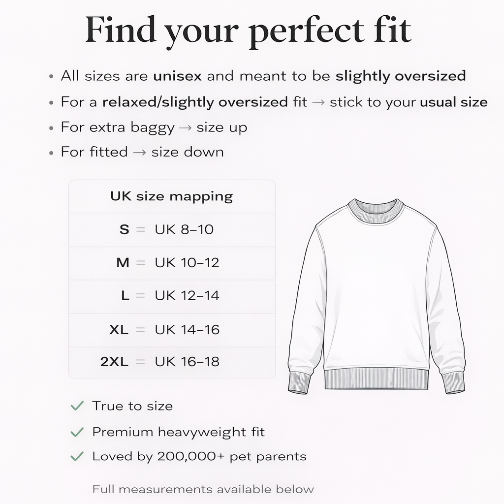 Size chart for a sweatshirt with UK size mapping and a white sweatshirt illustration.