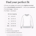 Size chart for a sweatshirt with UK size mapping and a white sweatshirt illustration.