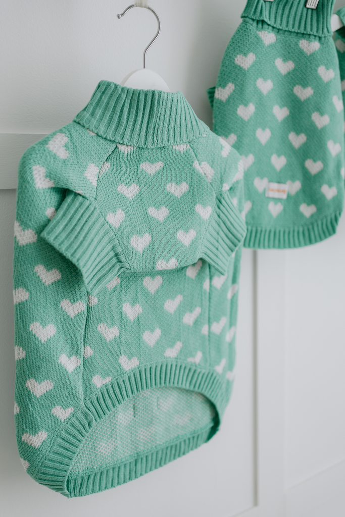 knitted dog jumper with hearts 