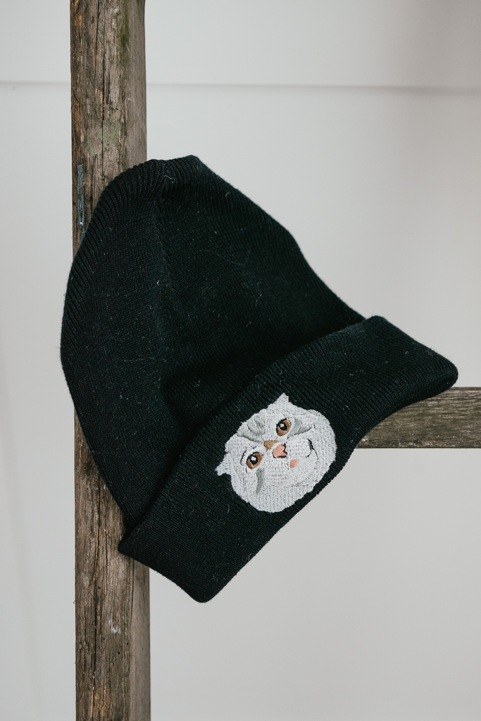 a custom embroidered dog walker beanie featuring a hand-drawn pet portrait, the perfect personalised pet gift for a dog mum