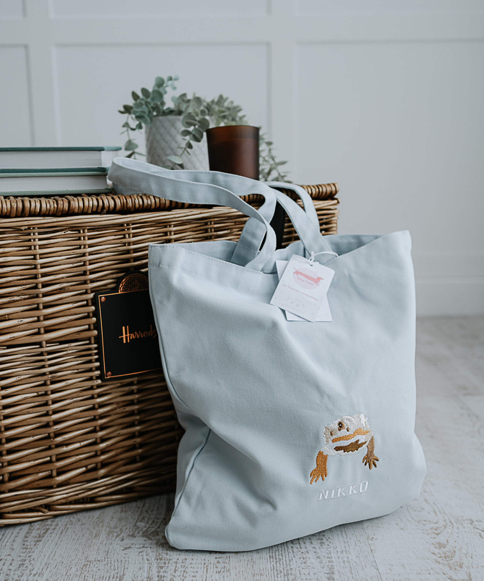 a custom embroidered tote bag featuring a hand-drawn pet portrait, the perfect personalised pet gift