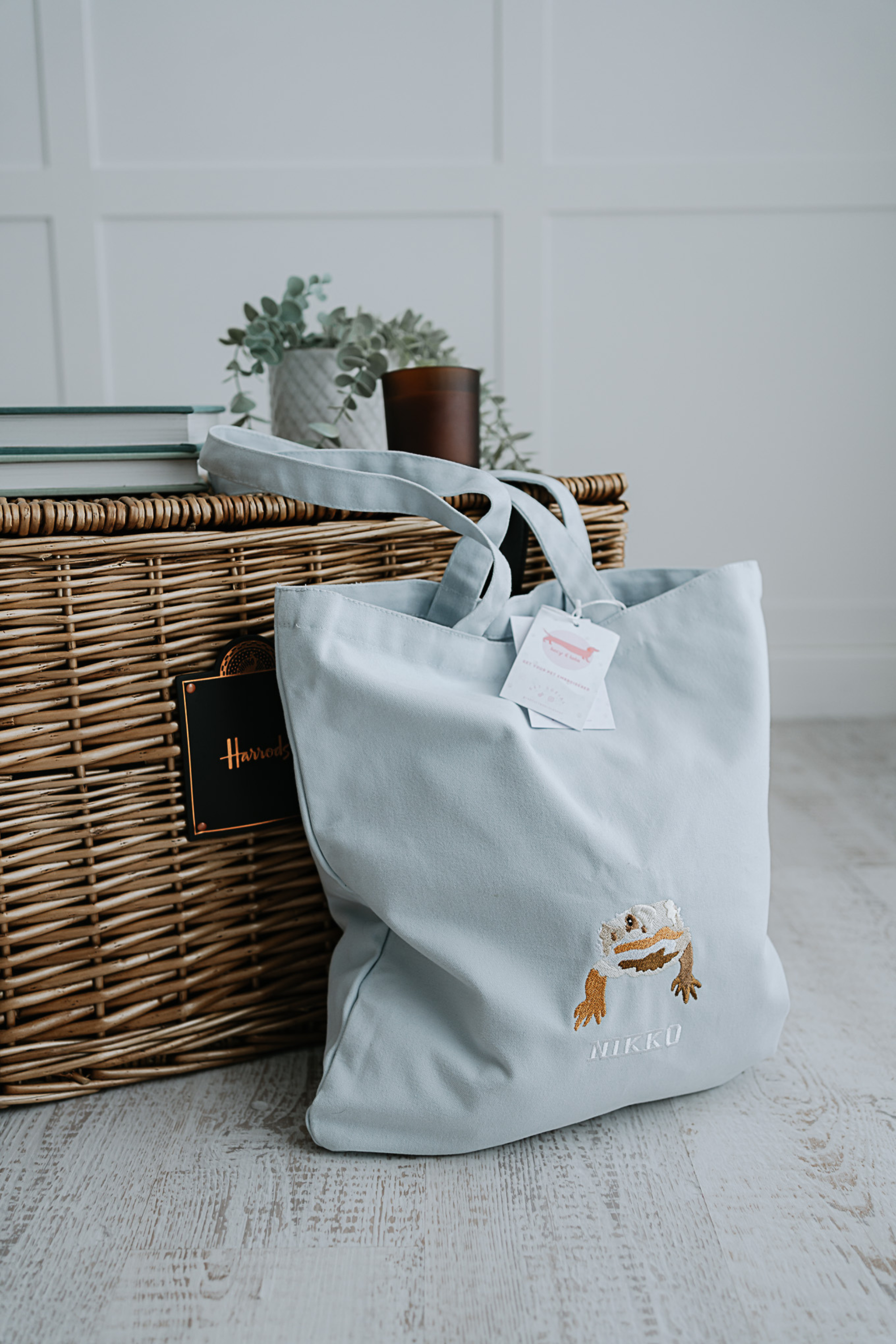 a custom embroidered tote bag featuring a hand-drawn pet portrait, the perfect personalised pet gift
