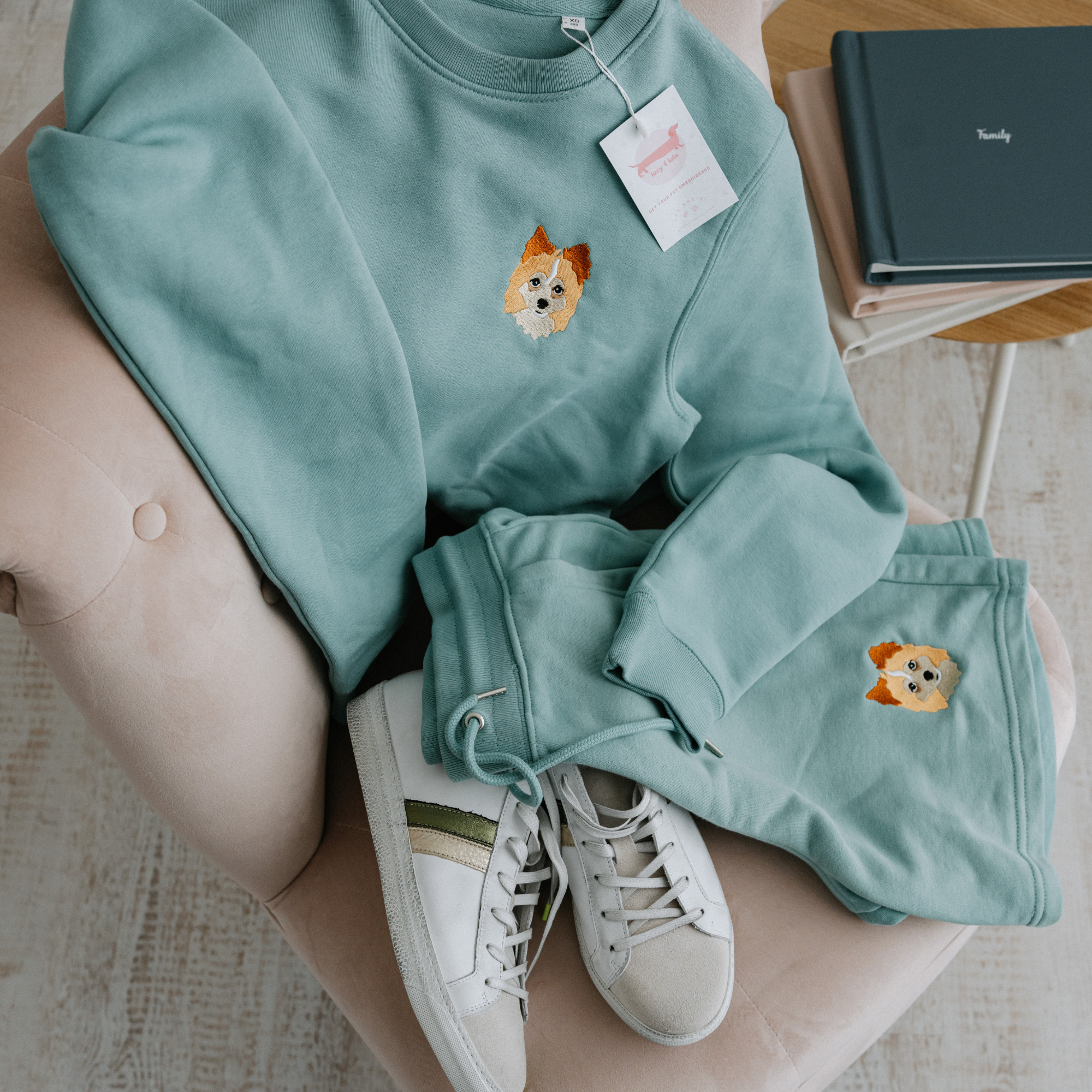 a custom embroidered sweatshirt and short set featuring a hand-drawn pet portrait, the perfect personalised pet gift for a dog mum