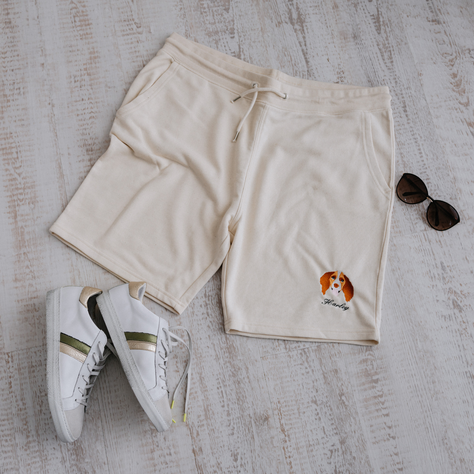 a custom embroidered sweatshirt and short set featuring a hand-drawn pet portrait, the perfect personalised pet gift for a dog mum