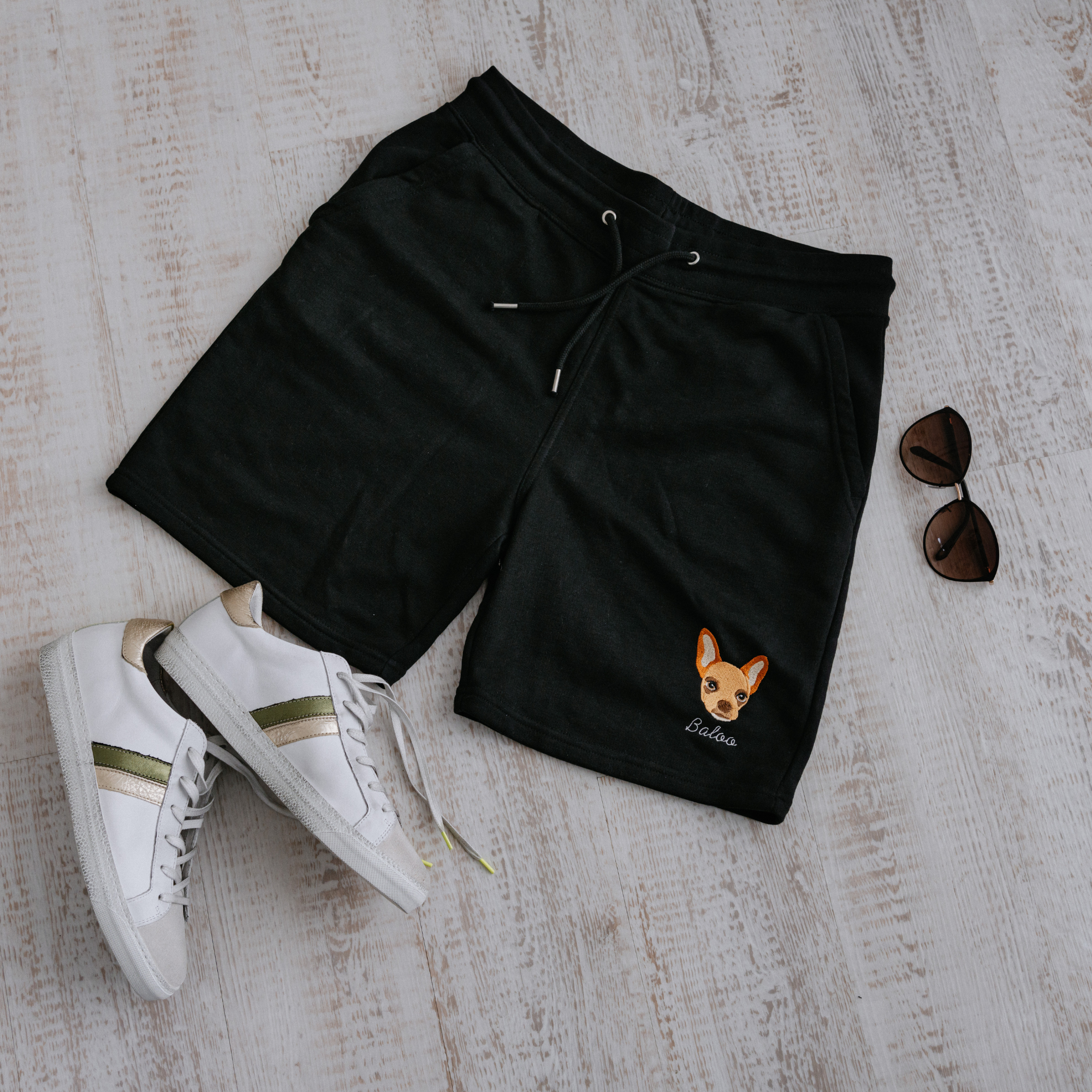 a custom embroidered sweatshirt and short set featuring a hand-drawn pet portrait, the perfect personalised pet gift for a dog mum