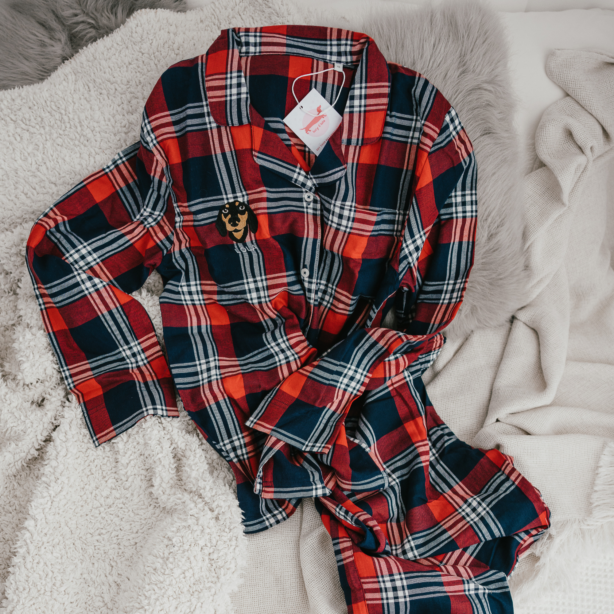 a custom embroidered pyjama set featuring a hand-drawn pet portrait, the perfect personalised pet gift