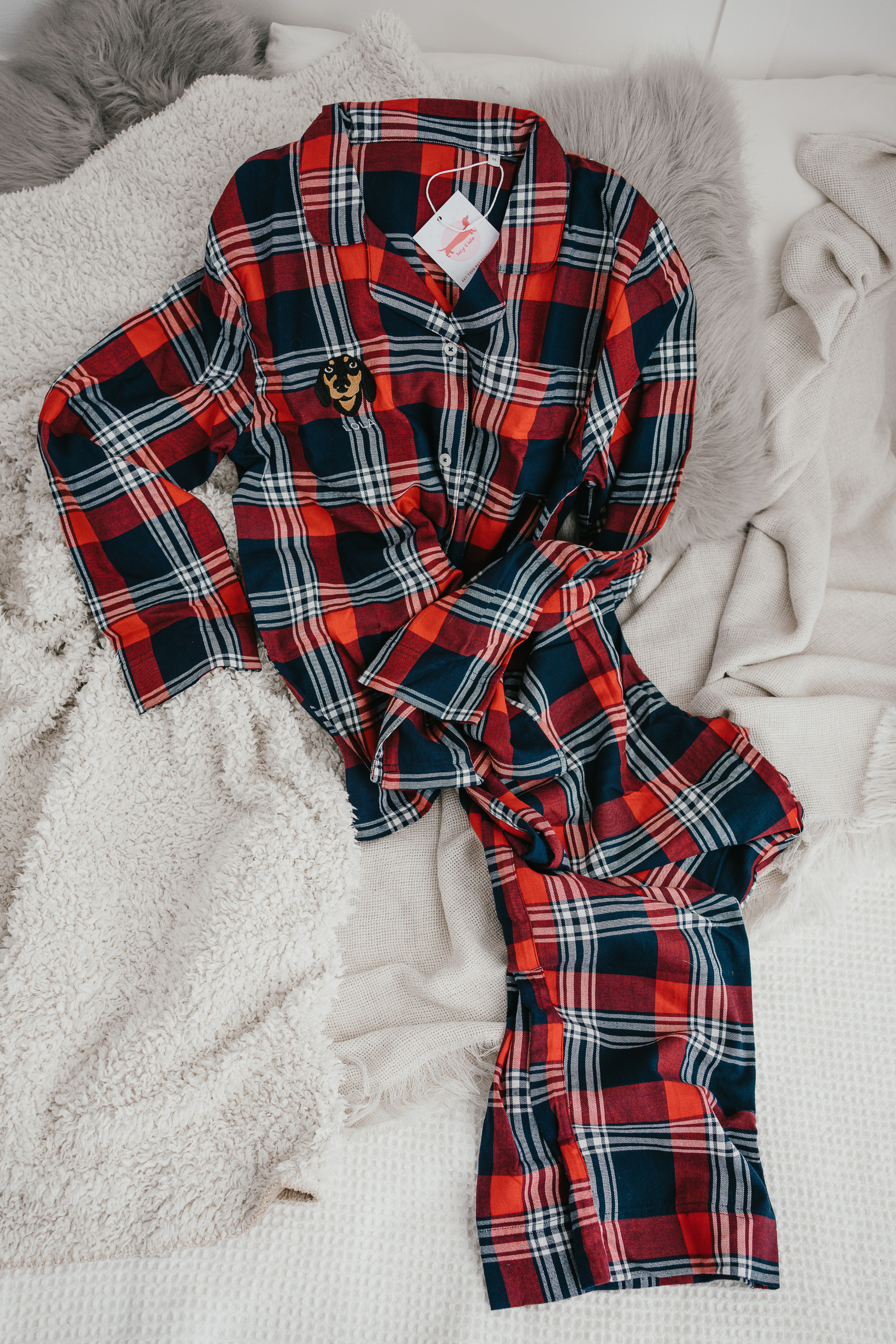 a custom embroidered pyjama set featuring a hand-drawn pet portrait, the perfect personalised pet gift