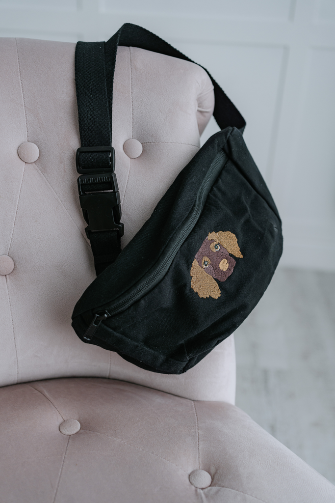 a custom embroidered canvas bum bag featuring a hand-drawn pet portrait, the perfect personalised pet gift