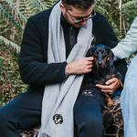 a custom embroidered scarf featuring a hand-drawn pet portrait, the perfect personalised pet gift for a dog mum