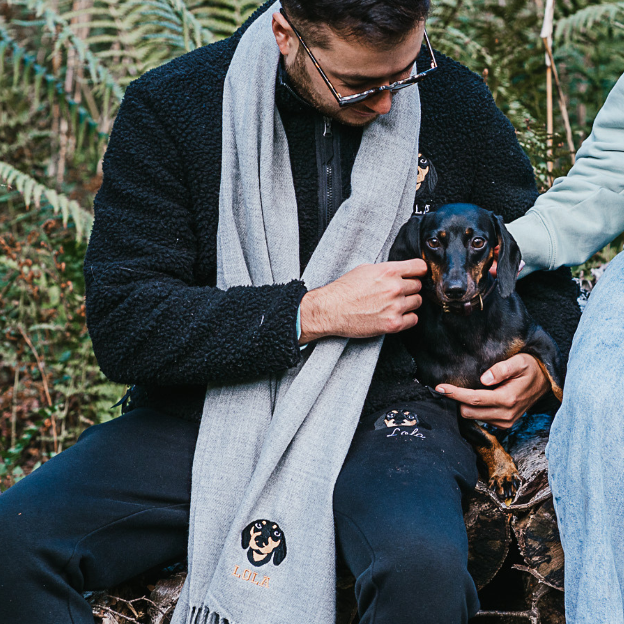 a custom embroidered scarf featuring a hand-drawn pet portrait, the perfect personalised pet gift for a dog mum