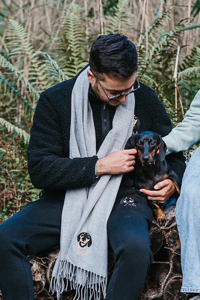 a custom embroidered scarf featuring a hand-drawn pet portrait, the perfect personalised pet gift for a dog mum