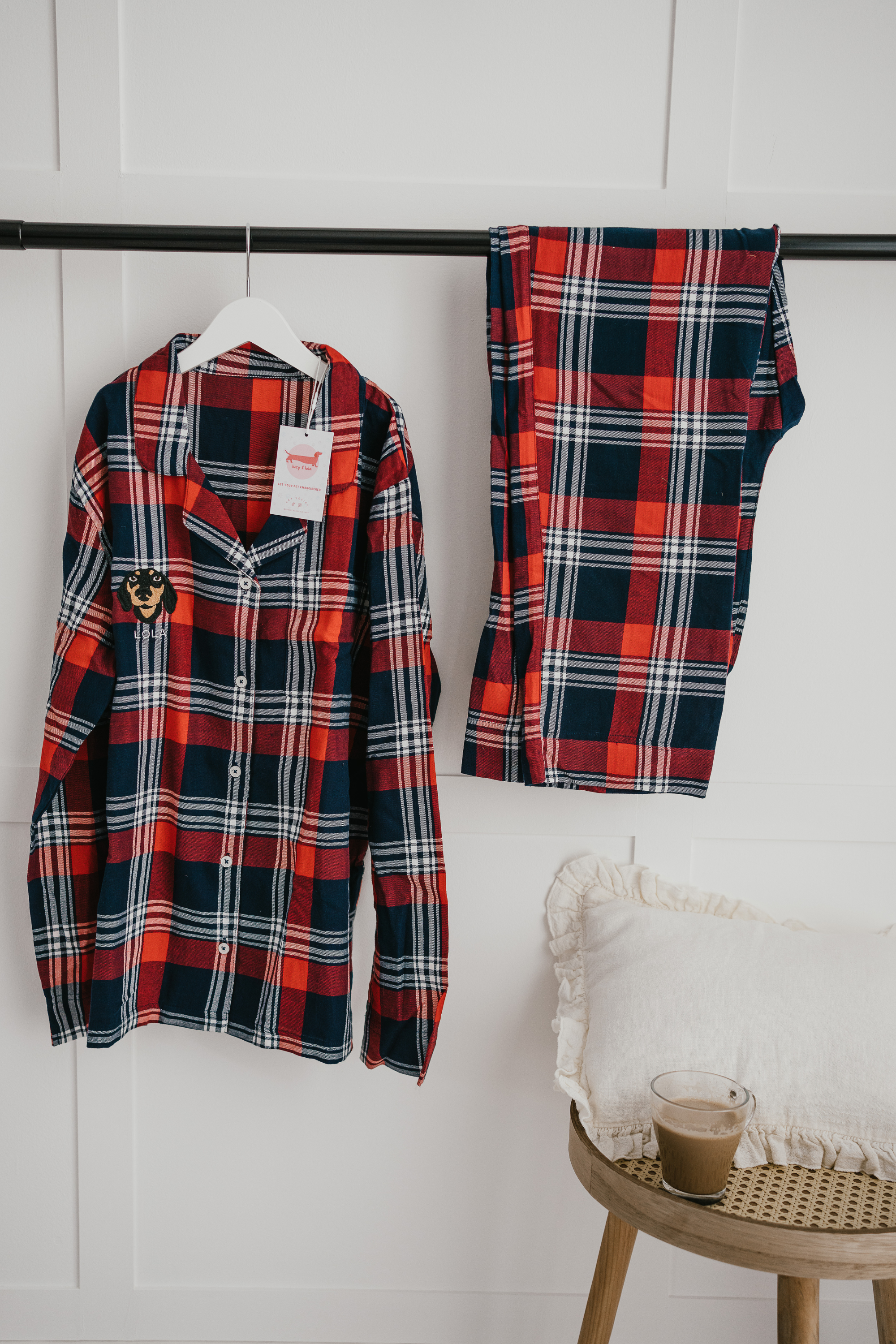 a custom embroidered pyjama set featuring a hand-drawn pet portrait, the perfect personalised pet gift
