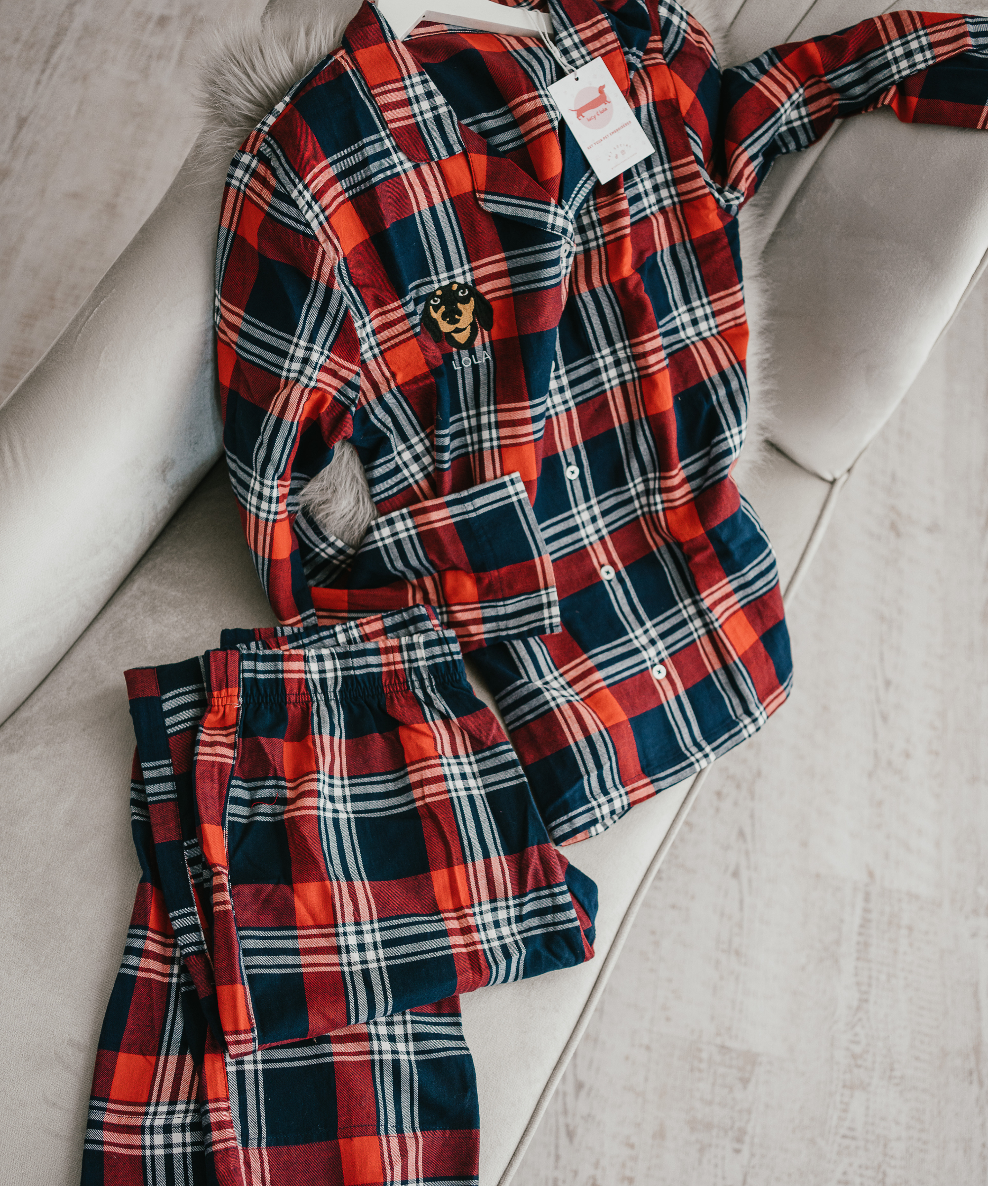 a custom embroidered pyjama set featuring a hand-drawn pet portrait, the perfect personalised pet gift