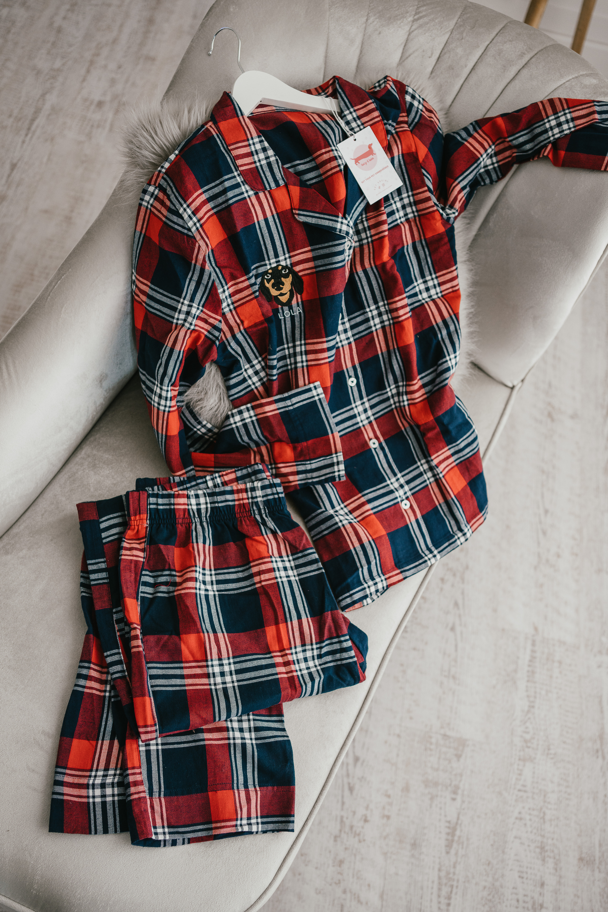 a custom embroidered pyjama set featuring a hand-drawn pet portrait, the perfect personalised pet gift
