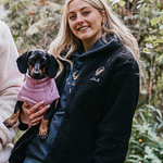 a custom embroidered dog walker sherpa jacket featuring a hand-drawn pet portrait, the perfect personalised pet gift for a dog mum