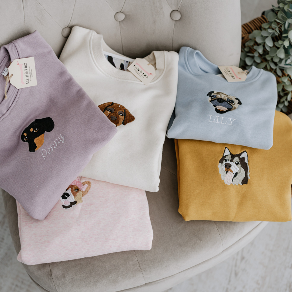 a custom embroidered hoodie featuring a hand-drawn pet portrait, the perfect personalised pet gift.