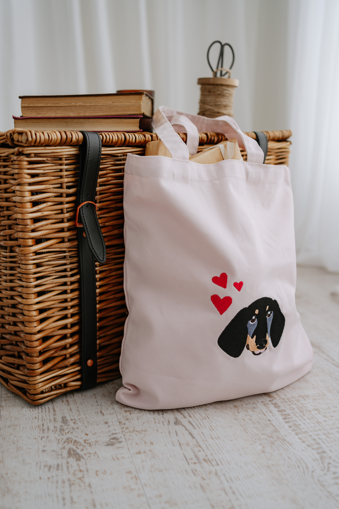 a custom embroidered tote bag featuring a hand-drawn pet portrait, the perfect personalised pet gift