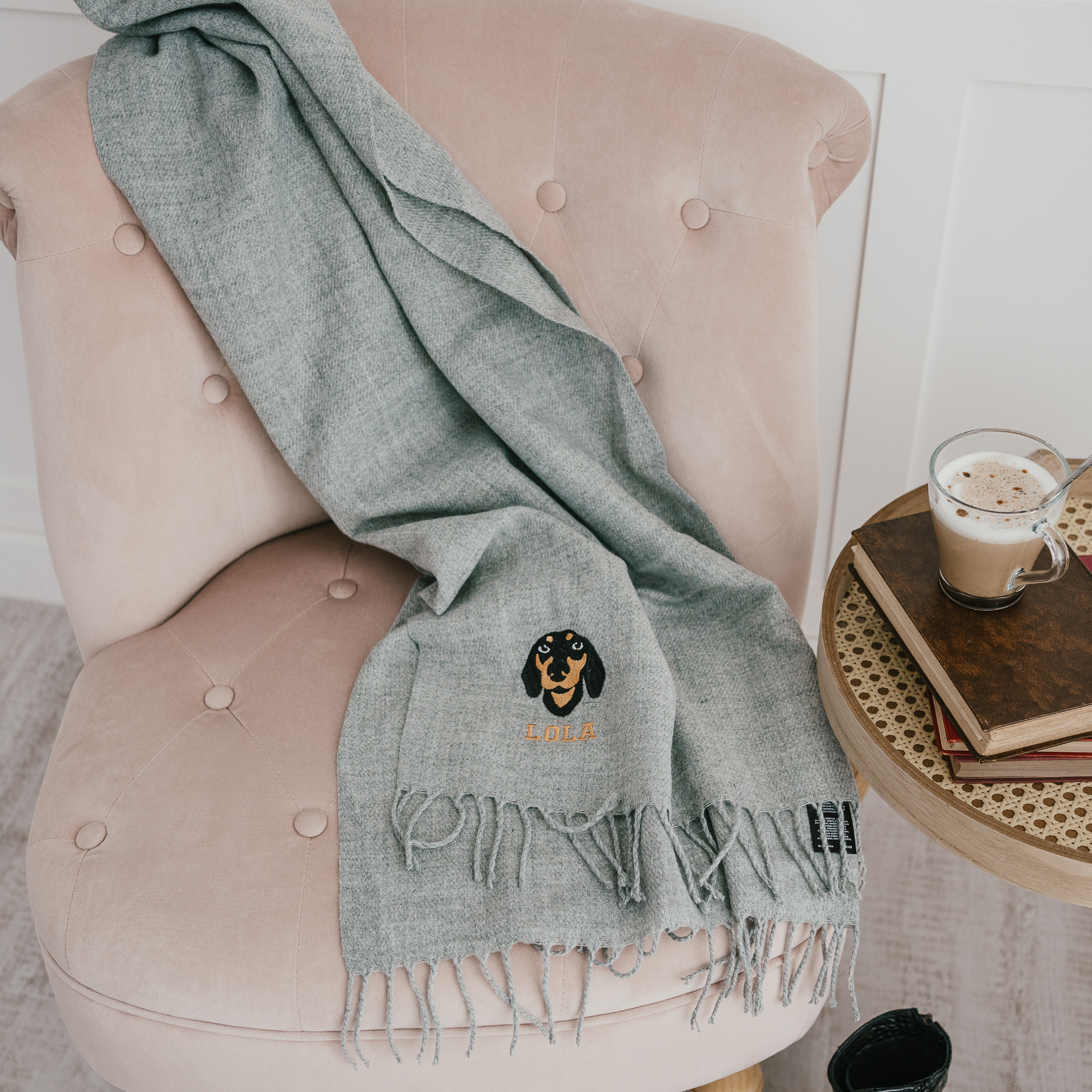 a custom embroidered scarf featuring a hand-drawn pet portrait, the perfect personalised pet gift for a dog mum