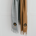 a custom embroidered scarf featuring a hand-drawn pet portrait, the perfect personalised pet gift for a dog mum