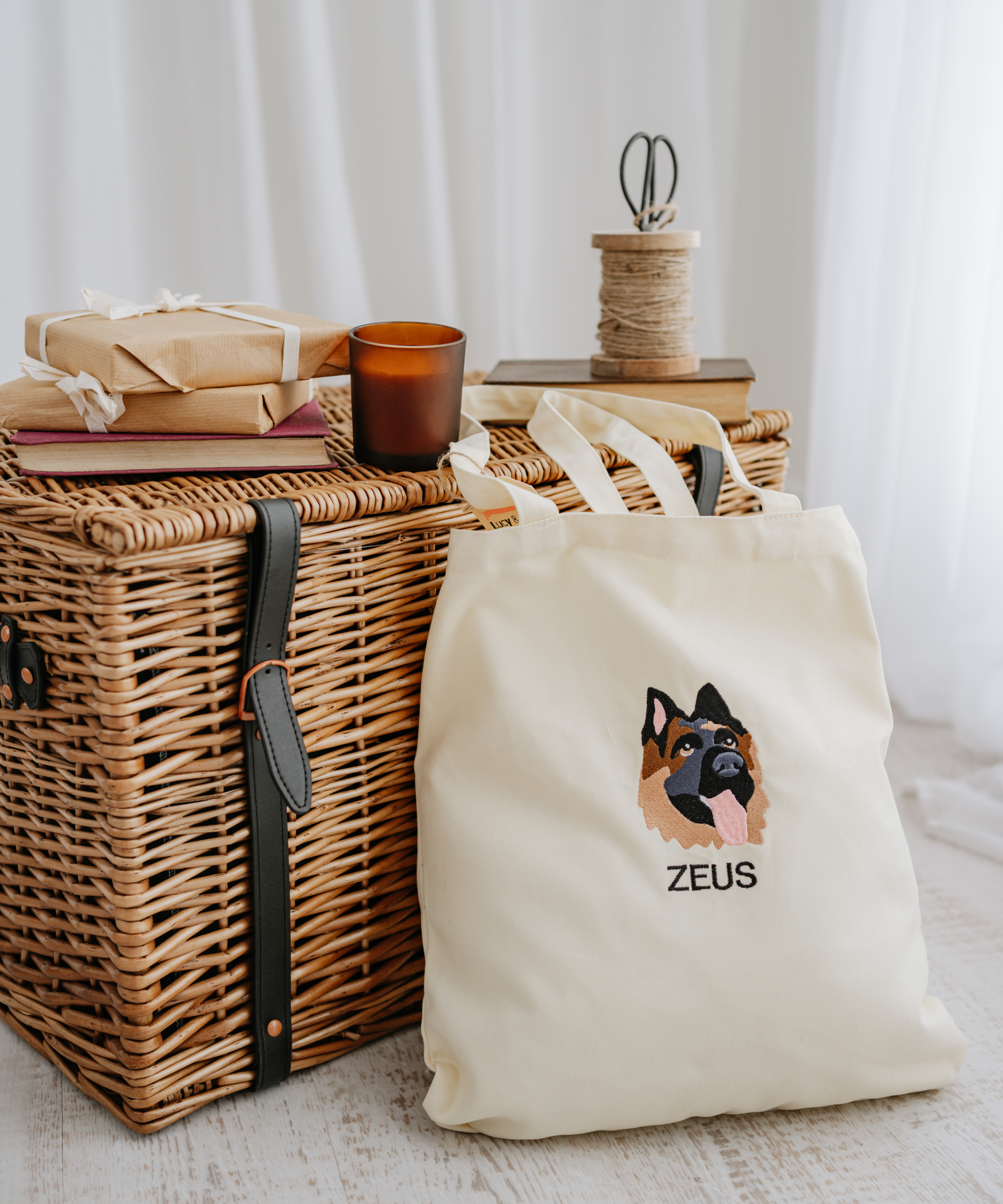 a custom embroidered tote bag featuring a hand-drawn pet portrait, the perfect personalised pet gift