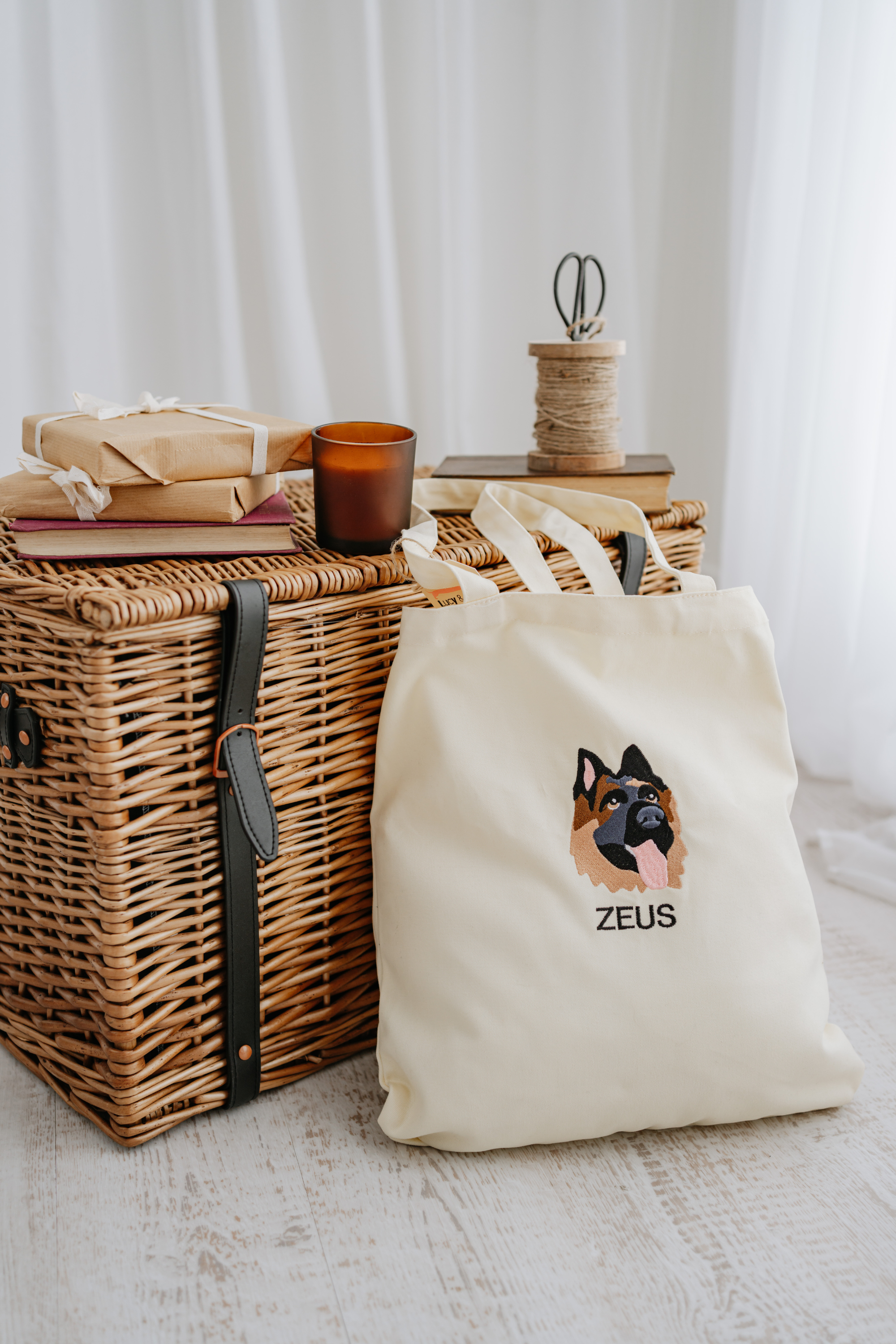 a custom embroidered tote bag featuring a hand-drawn pet portrait, the perfect personalised pet gift